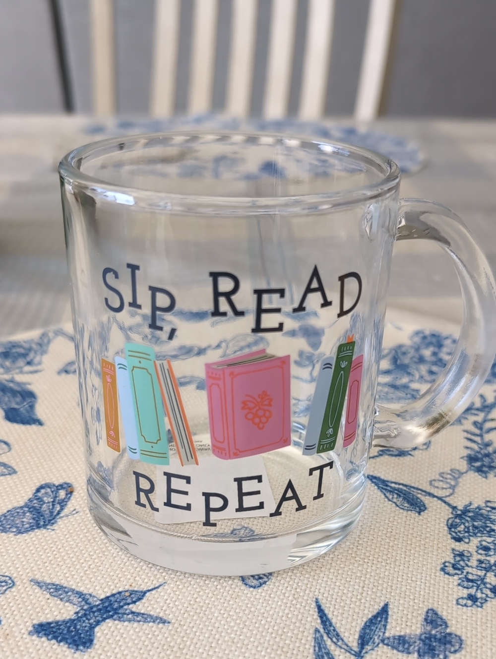 Clear Glass Mug with Colorful Book Design - "Sip, Read, Repeat" NWT
